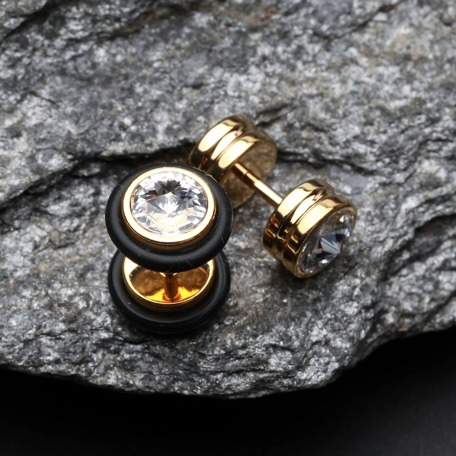 A Pair of Gold PVD Gem Top Fake Plug with O-Rings - Image 2