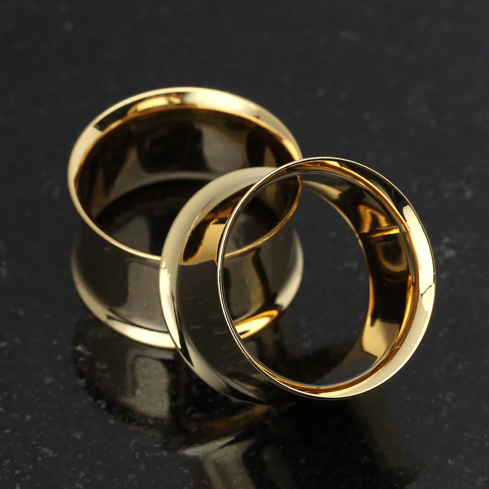 A Pair of Gold PVD Steel Double Flared Ear Gauge Flesh Tunnel Plug - Image 4