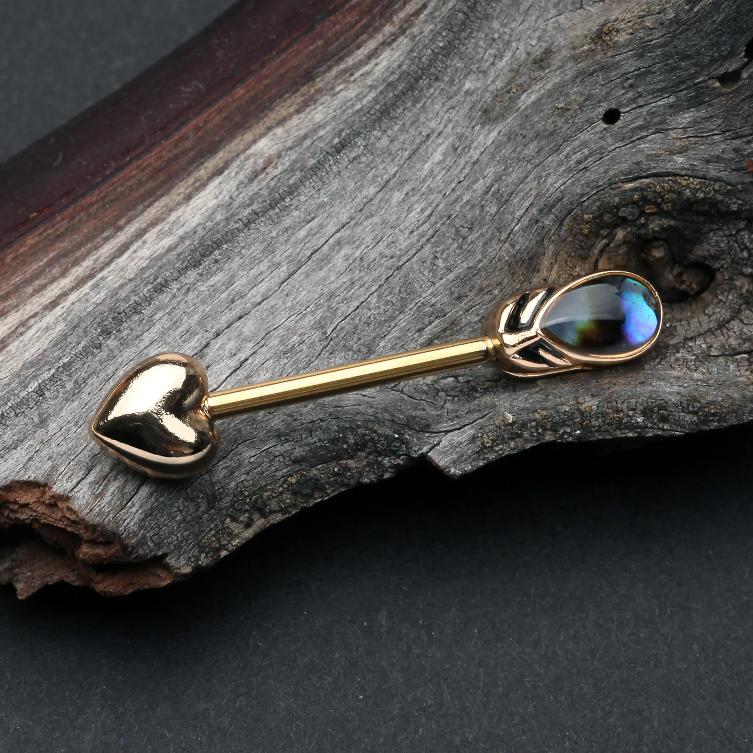 A Pair of Golden Abalone Feathered Arrow Sparkle Nipple Barbell - Image 2