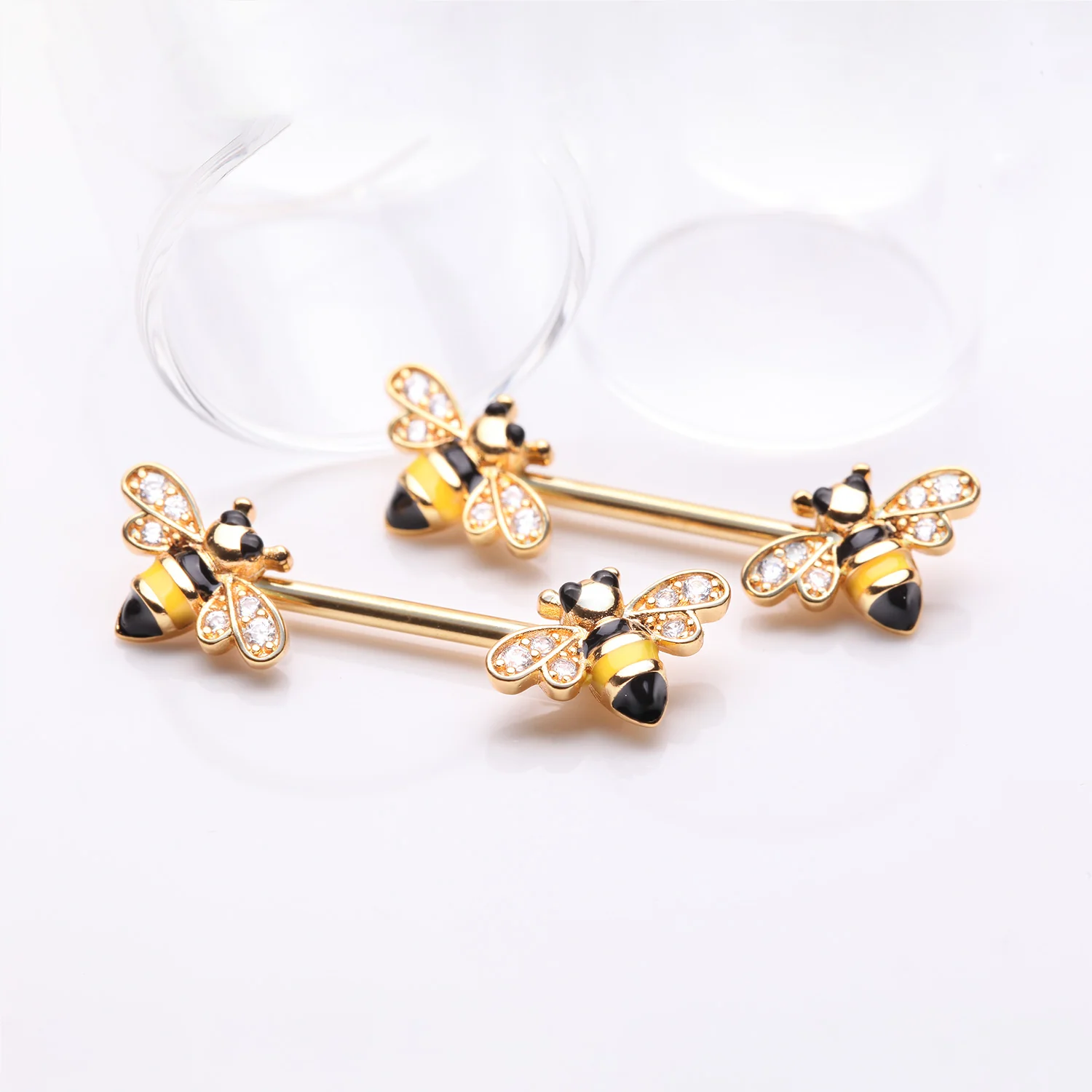 A Pair of Golden Adorable Bumble Bee Sparkle Nipple Barbell - Image 2