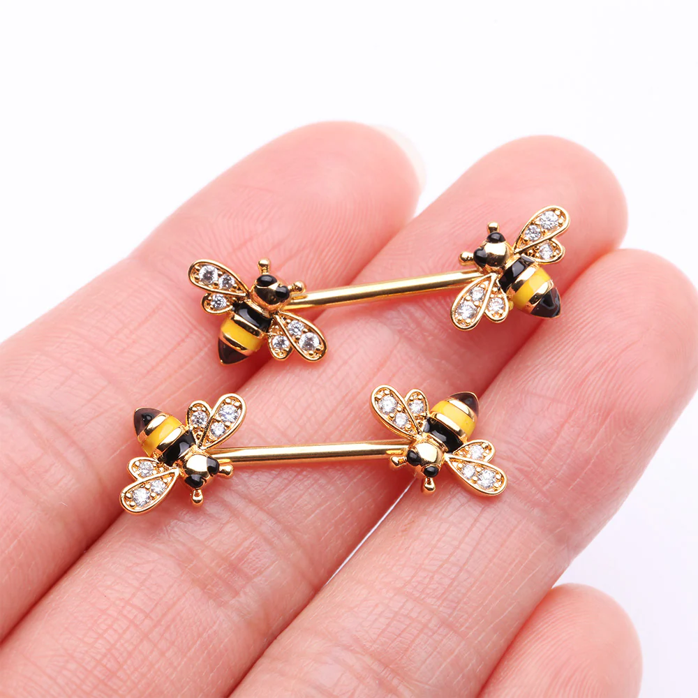 A Pair of Golden Adorable Bumble Bee Sparkle Nipple Barbell - Image 3
