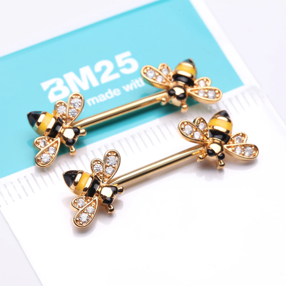 A Pair of Golden Adorable Bumble Bee Sparkle Nipple Barbell - Image 4