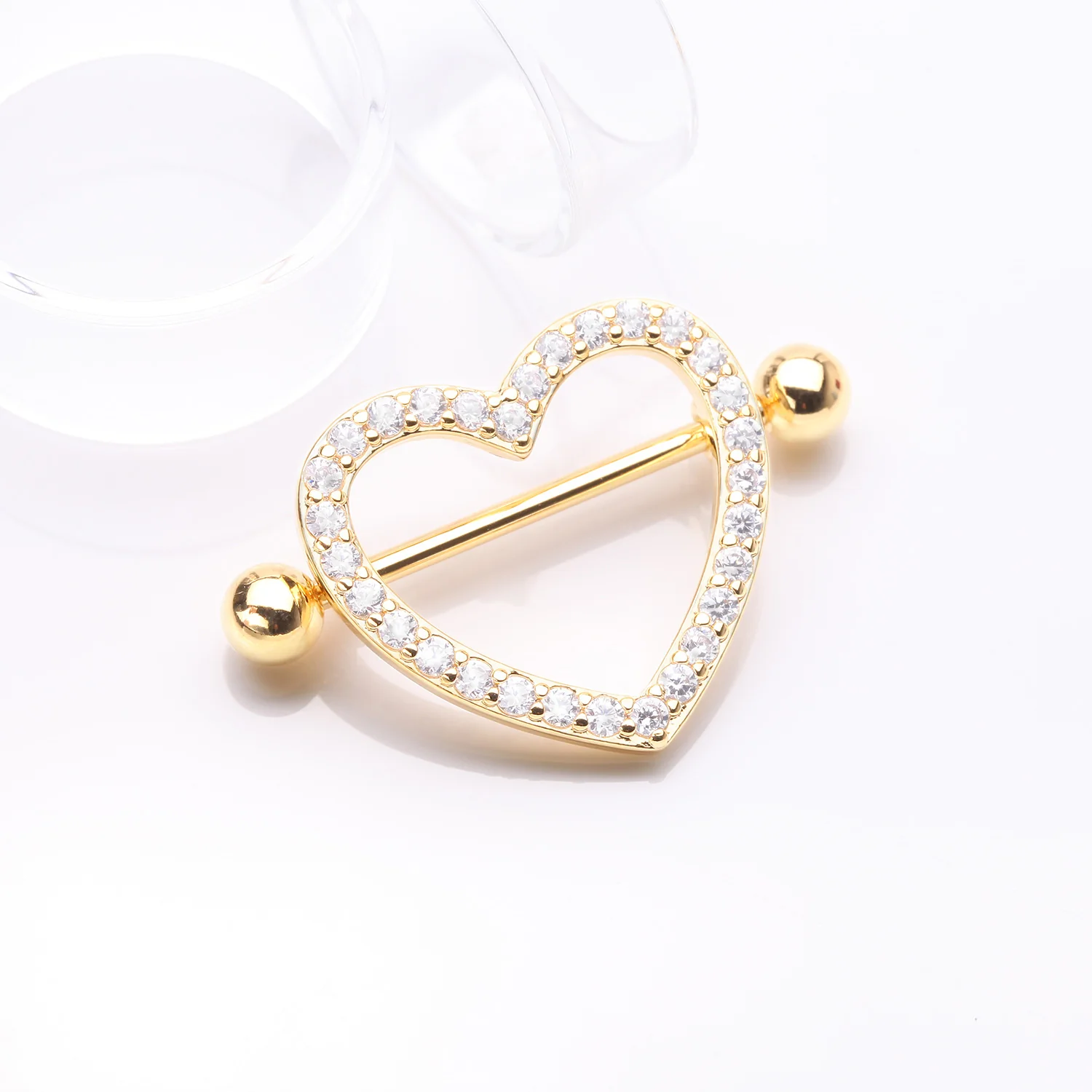 A Pair of Golden Adorable Multi-Gem Heart Sparkle Shield Nipple Barbell Ring - Image 2
