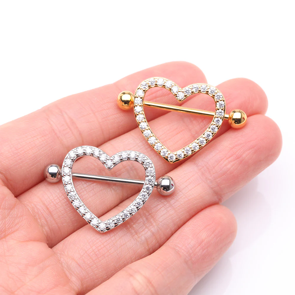 A Pair of Golden Adorable Multi-Gem Heart Sparkle Shield Nipple Barbell Ring - Image 3