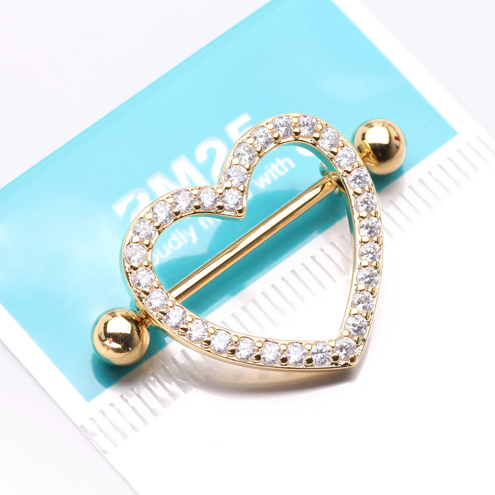 A Pair of Golden Adorable Multi-Gem Heart Sparkle Shield Nipple Barbell Ring - Image 4