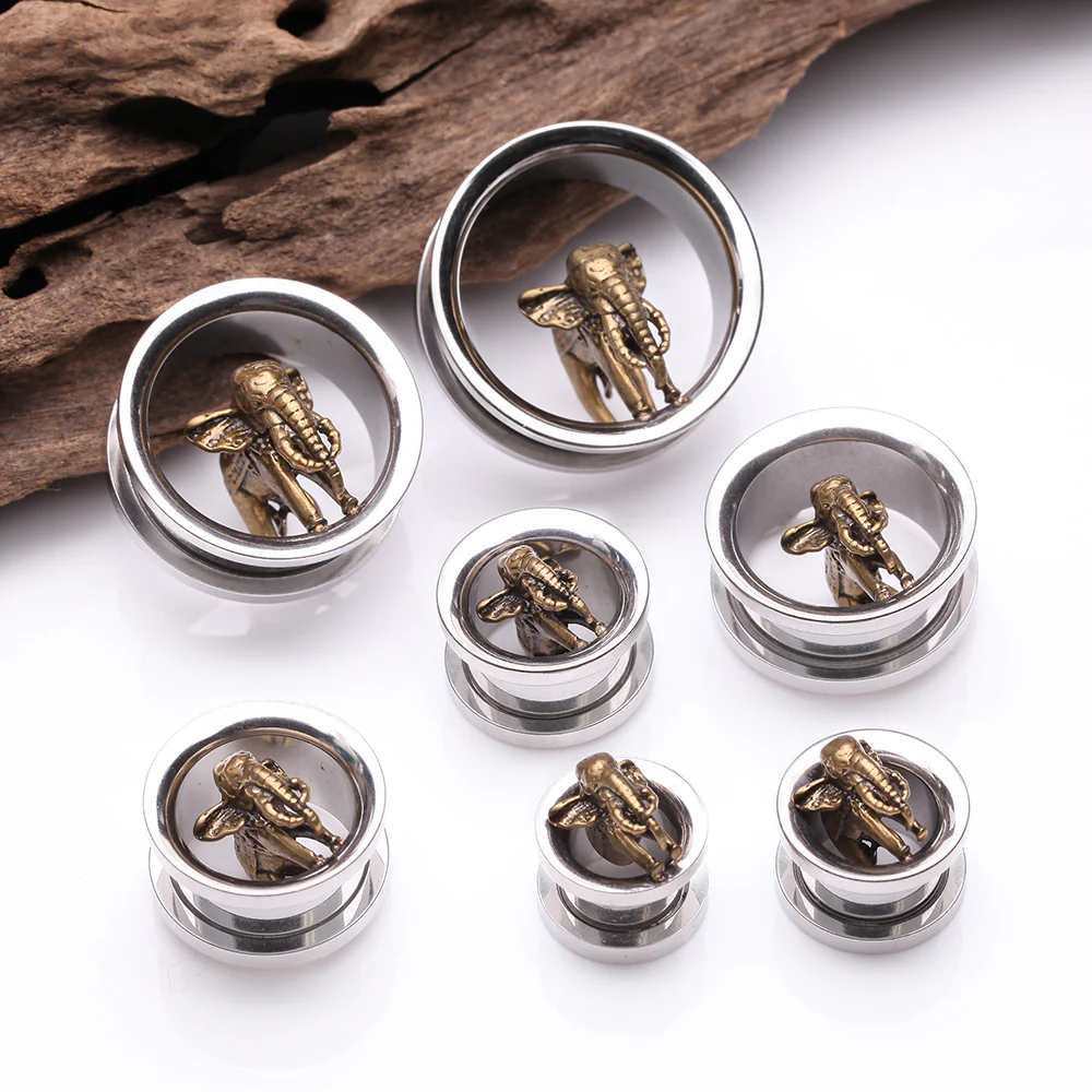 A Pair of Golden Antique Elephant Steel Screw-Fit Tunnel Plug - Image 3