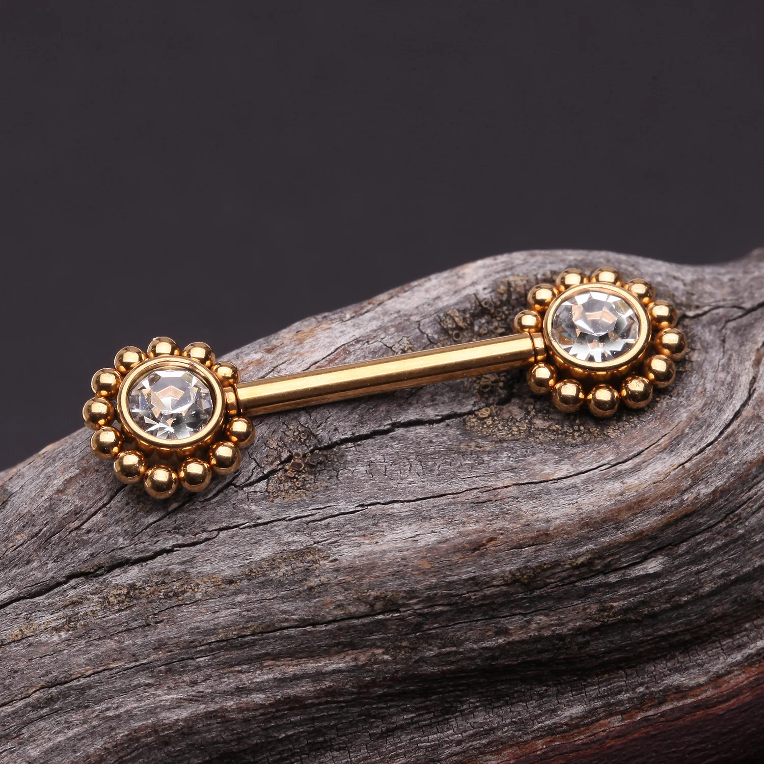 A Pair of Golden Bali Bead Karma Circle Sparkle Threadless Nipple Barbell - Image 2