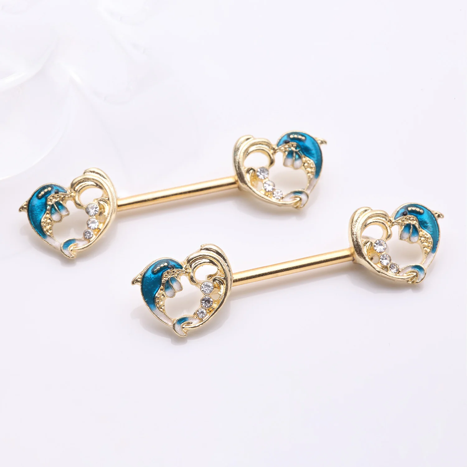 A Pair of Golden Blue Dolphin Wave Heart Sparkle Nipple Barbell - Image 2