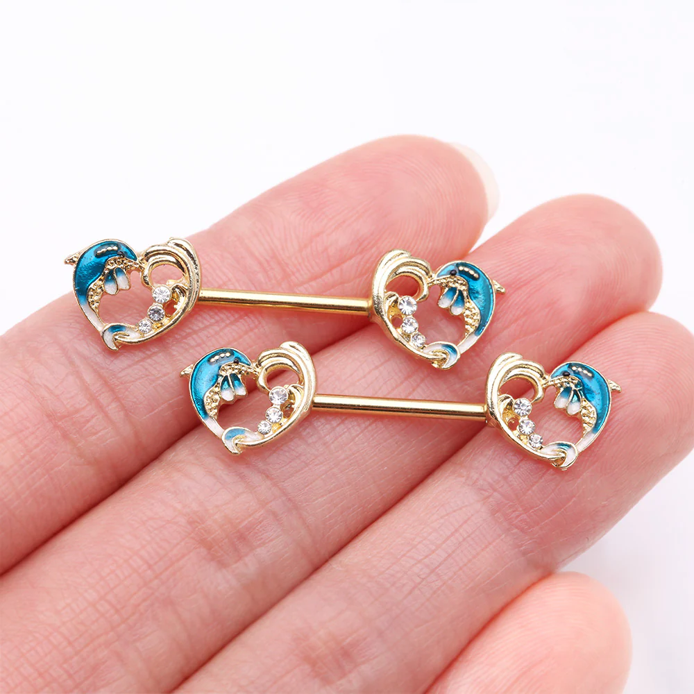 A Pair of Golden Blue Dolphin Wave Heart Sparkle Nipple Barbell - Image 3