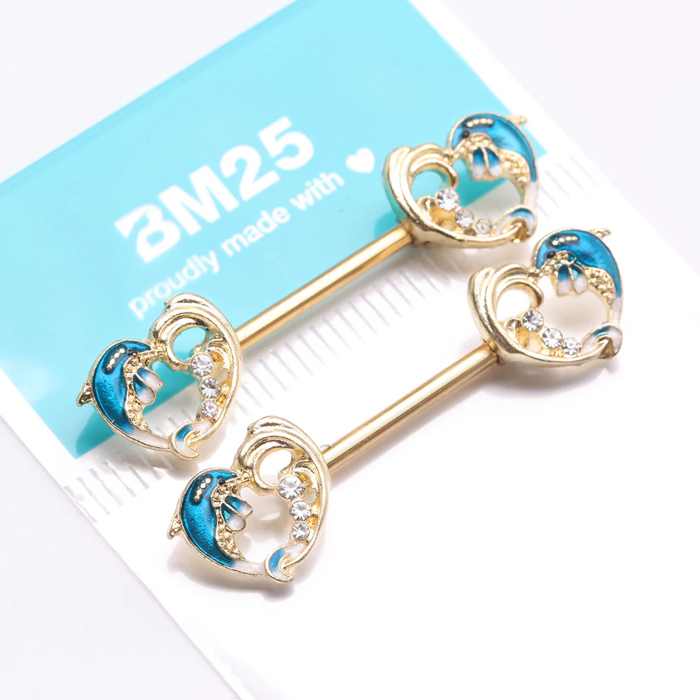 A Pair of Golden Blue Dolphin Wave Heart Sparkle Nipple Barbell - Image 4