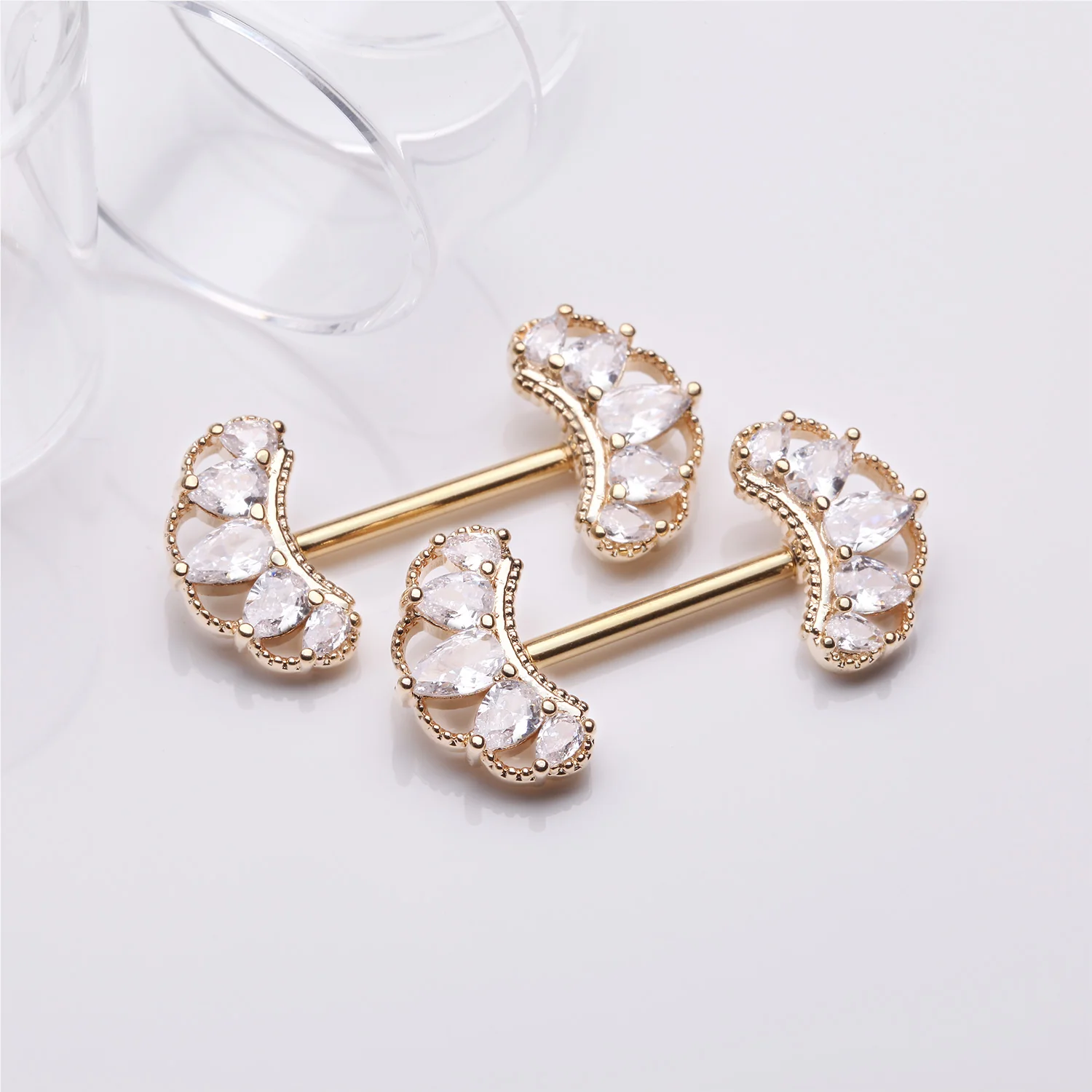 A Pair of Golden Bohemian Arc Elegance Sparkle Nipple Barbell - Image 2