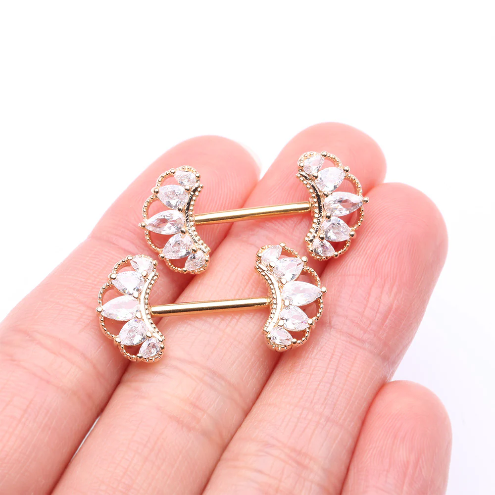 A Pair of Golden Bohemian Arc Elegance Sparkle Nipple Barbell - Image 3