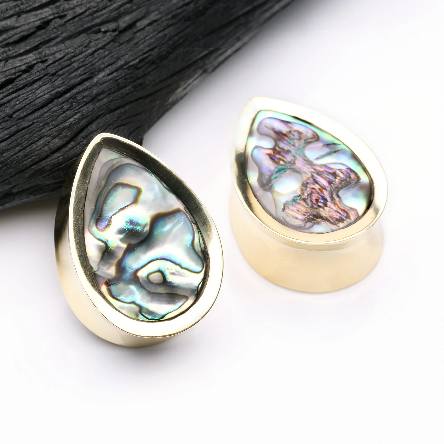 A Pair of Golden Brass Bali Abalone Inlay Teardrop Double Flared Plug - Image 2