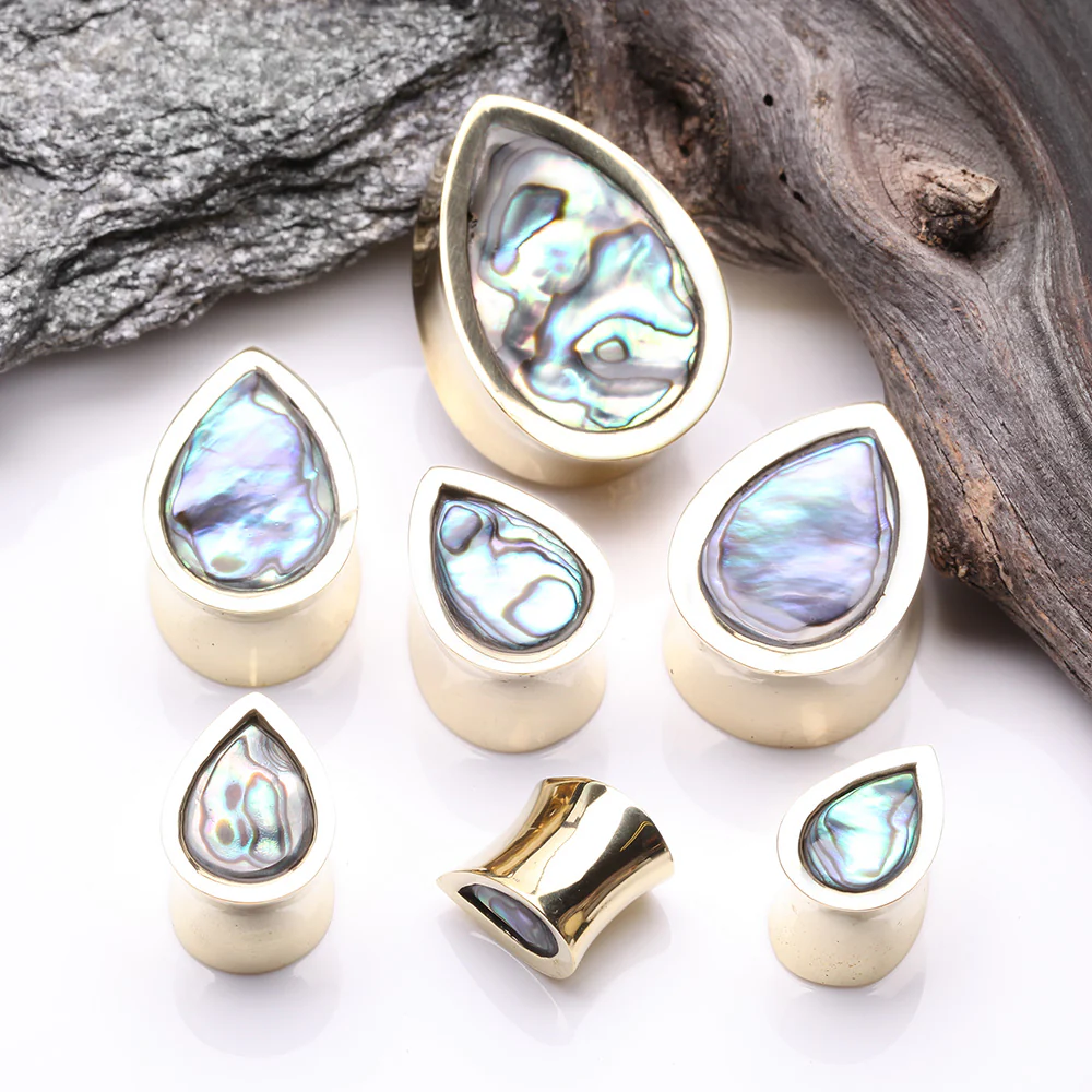 A Pair of Golden Brass Bali Abalone Inlay Teardrop Double Flared Plug - Image 3