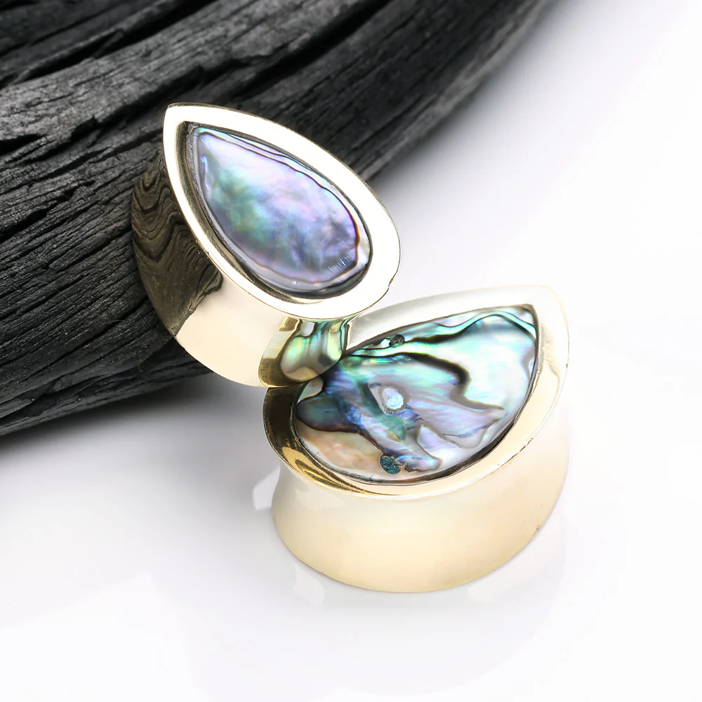 A Pair of Golden Brass Bali Abalone Inlay Teardrop Double Flared Plug - Image 4