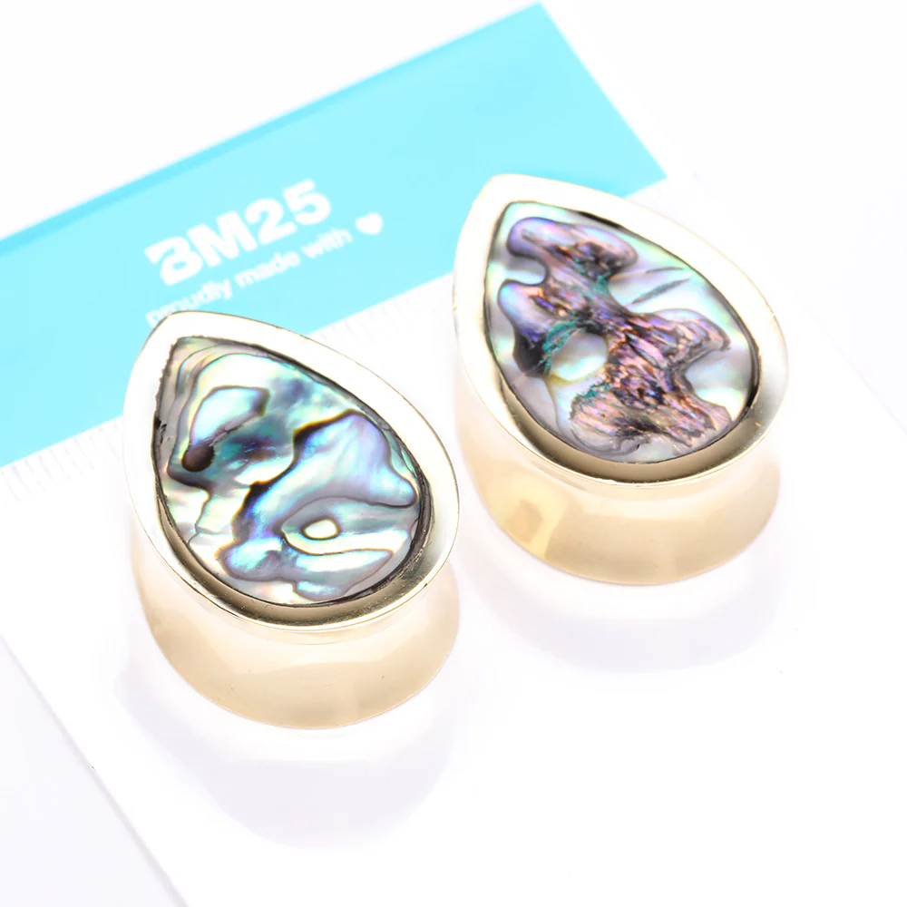 A Pair of Golden Brass Bali Abalone Inlay Teardrop Double Flared Plug - Image 5