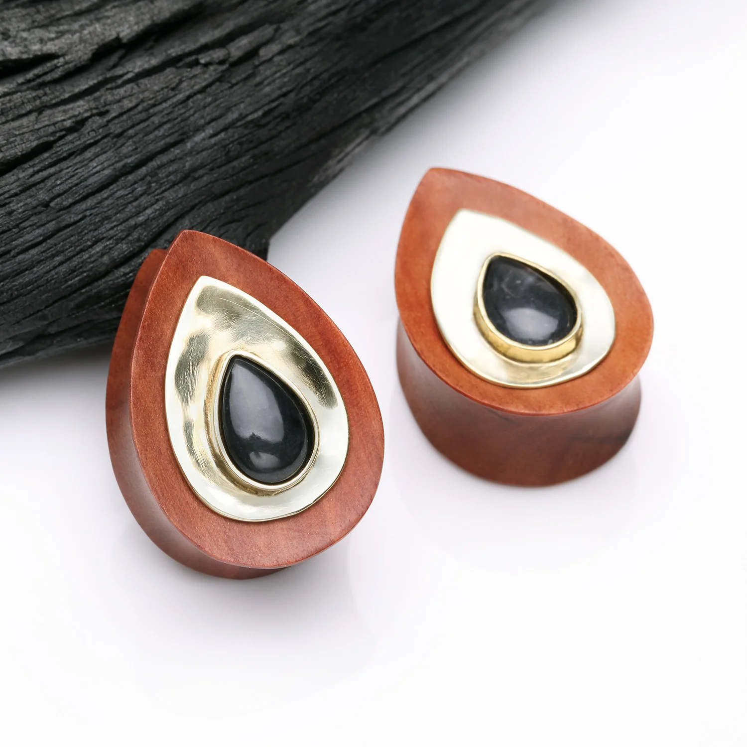 A Pair of Golden Brass Onyx Sabo Wood Teardrop Double Flared Plug - Image 2