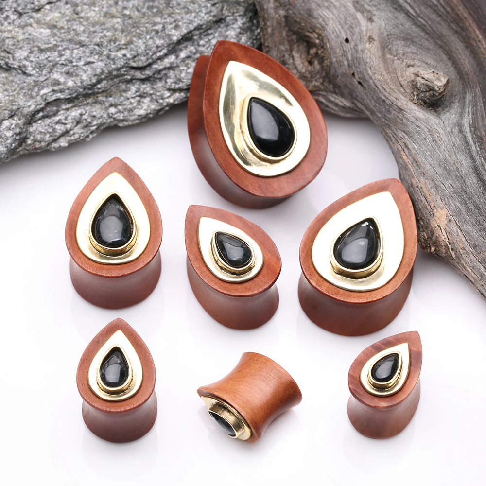 A Pair of Golden Brass Onyx Sabo Wood Teardrop Double Flared Plug - Image 3