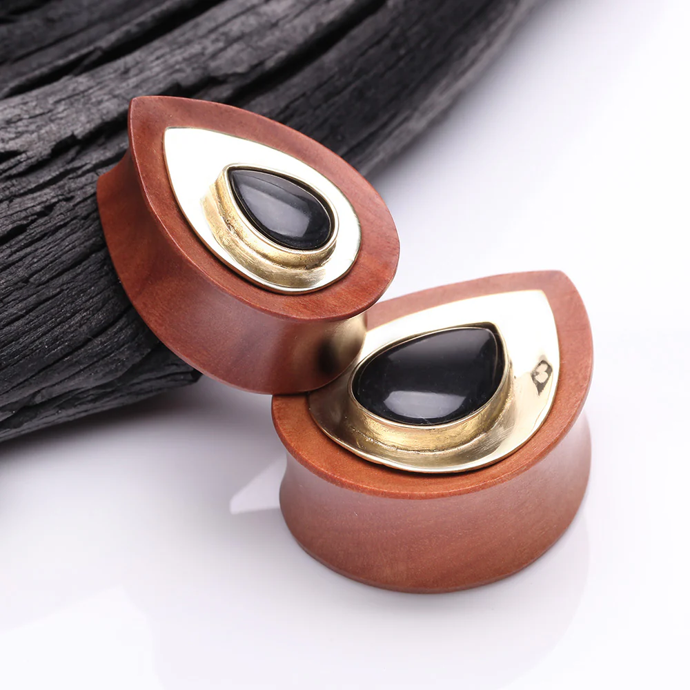 A Pair of Golden Brass Onyx Sabo Wood Teardrop Double Flared Plug - Image 4