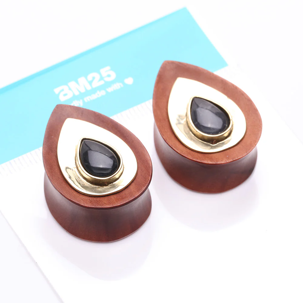 A Pair of Golden Brass Onyx Sabo Wood Teardrop Double Flared Plug - Image 5
