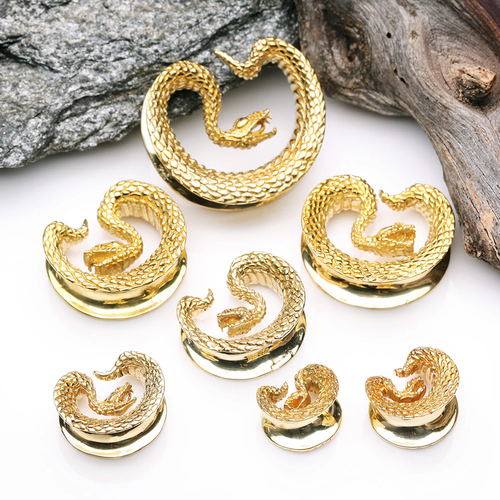 A Pair of Golden Brass Vicious Viper Snake Saddle Tunnel Plug - Image 3