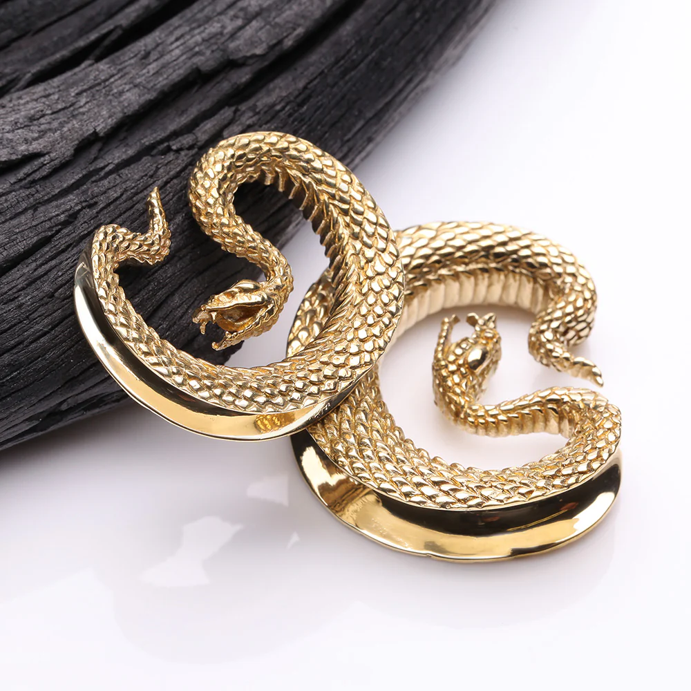 A Pair of Golden Brass Vicious Viper Snake Saddle Tunnel Plug - Image 4