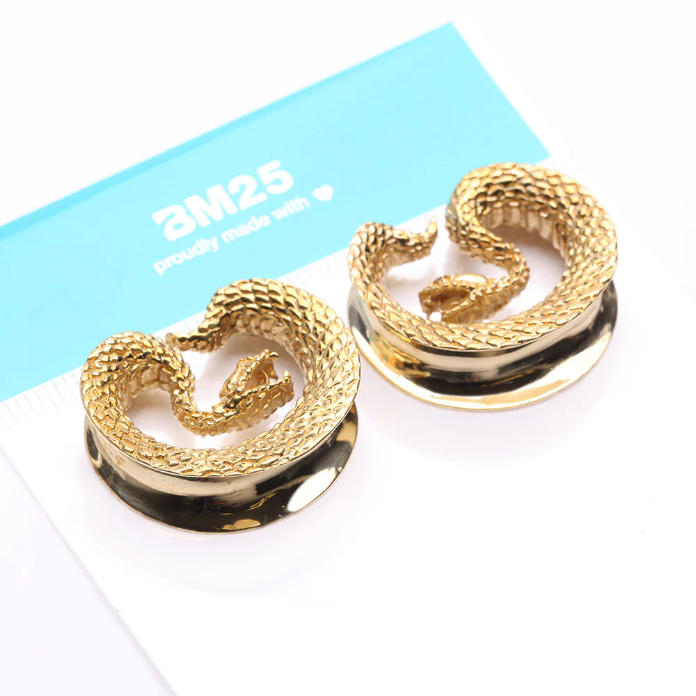 A Pair of Golden Brass Vicious Viper Snake Saddle Tunnel Plug - Image 5