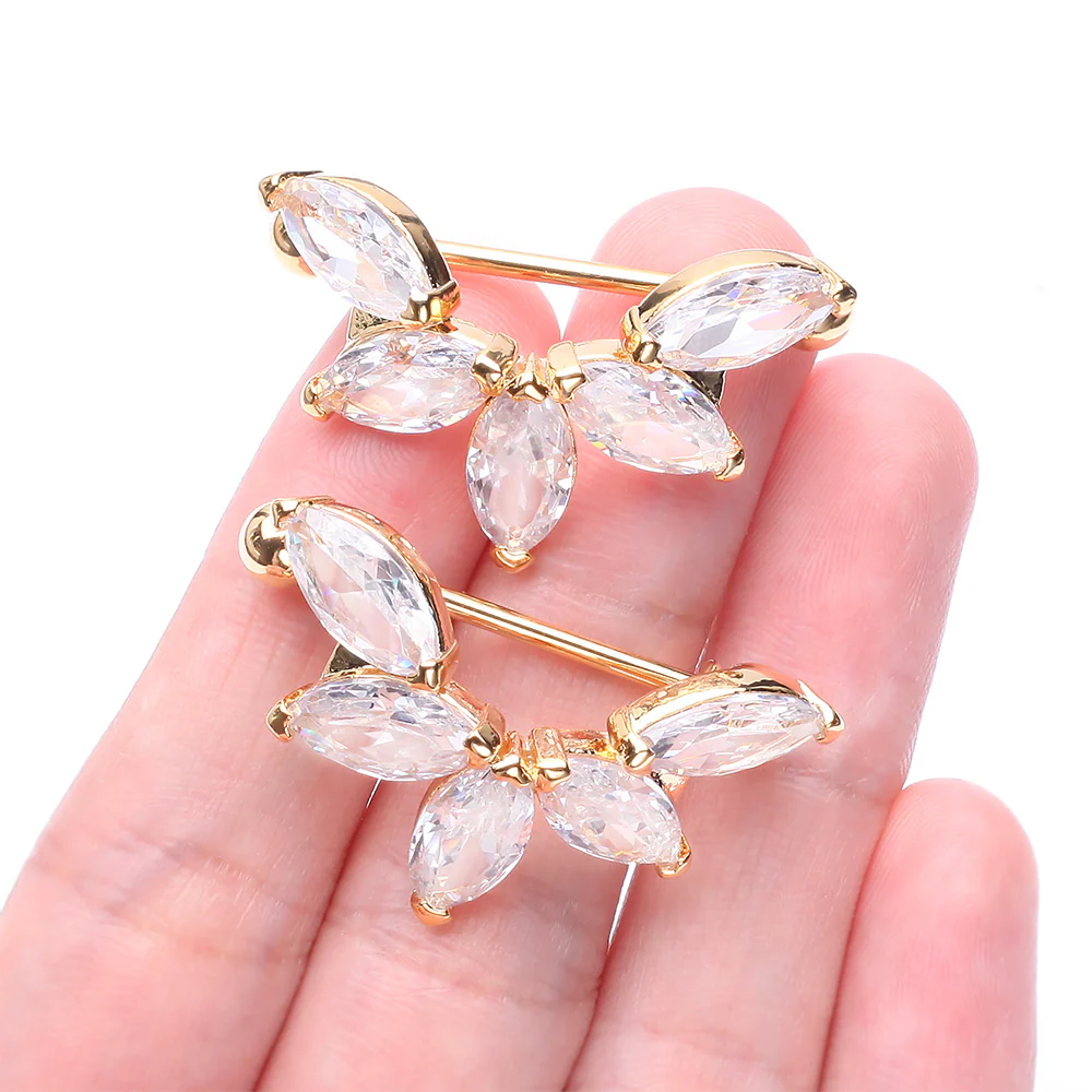 A Pair of Golden Brilliant Marquise Lotus Sparkle Dangle Nipple Shield - Image 3