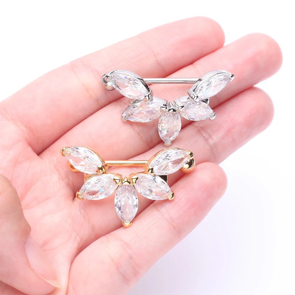 A Pair of Golden Brilliant Marquise Lotus Sparkle Dangle Nipple Shield - Image 4