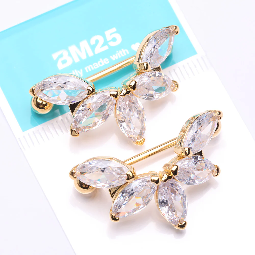 A Pair of Golden Brilliant Marquise Lotus Sparkle Dangle Nipple Shield - Image 5