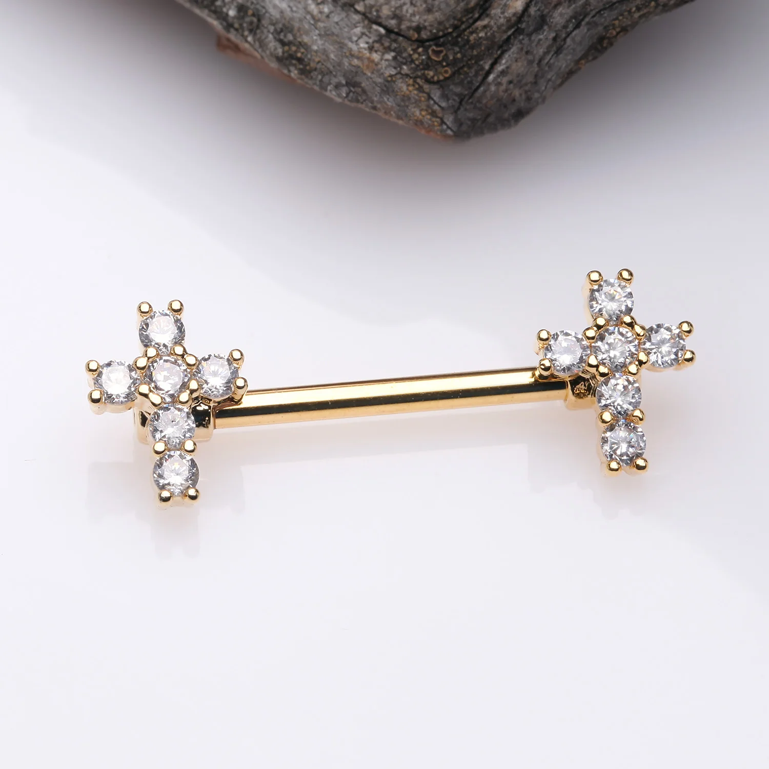 A Pair of Golden Brilliant Sparkle Cross Multi-Gem Nipple Barbell - Image 2