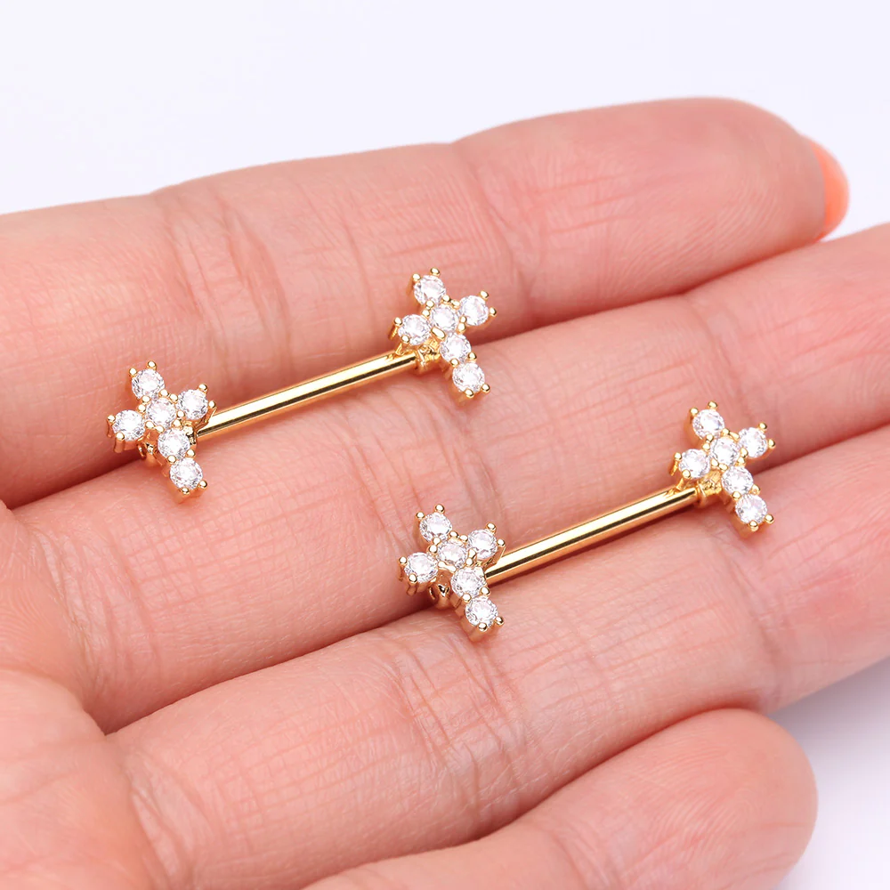 A Pair of Golden Brilliant Sparkle Cross Multi-Gem Nipple Barbell - Image 3