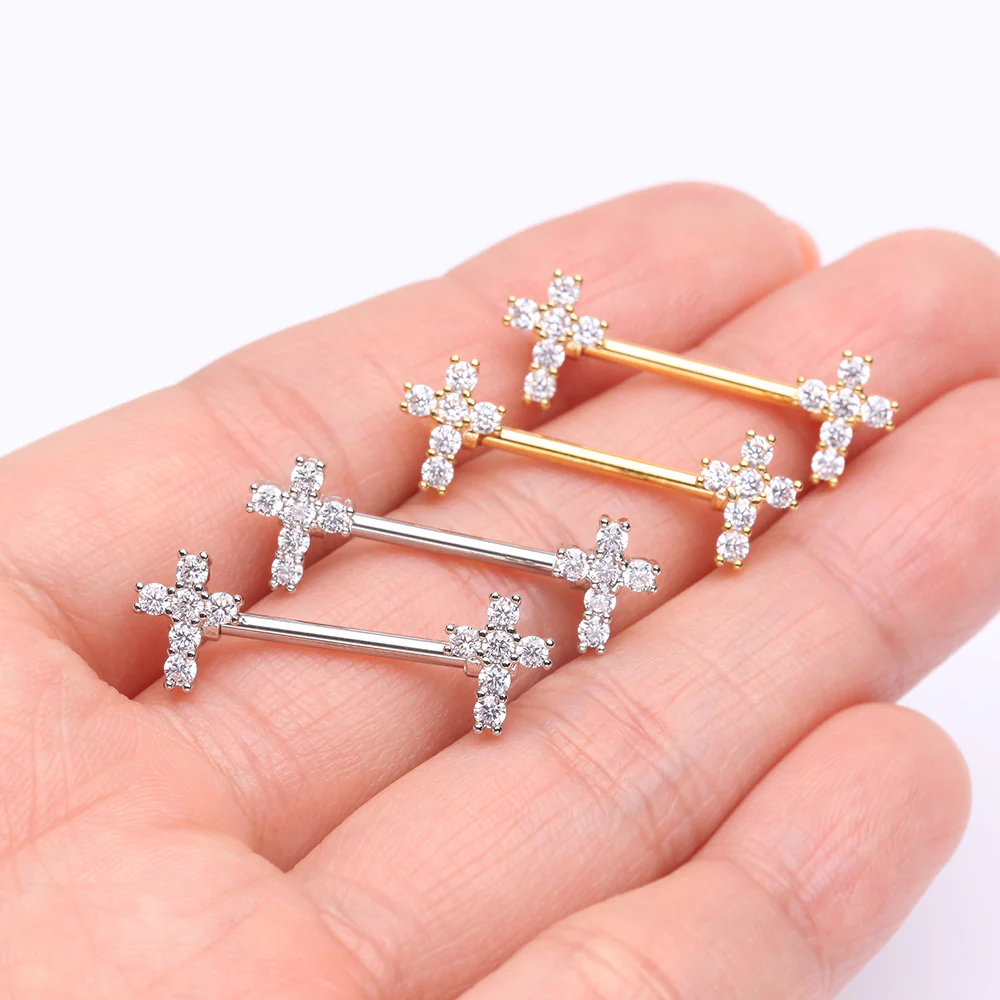 A Pair of Golden Brilliant Sparkle Cross Multi-Gem Nipple Barbell - Image 4