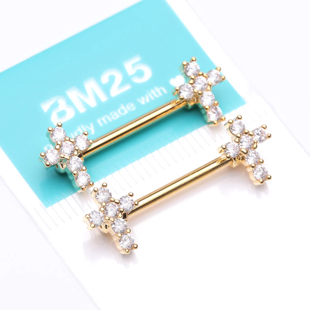 A Pair of Golden Brilliant Sparkle Cross Multi-Gem Nipple Barbell - Image 5