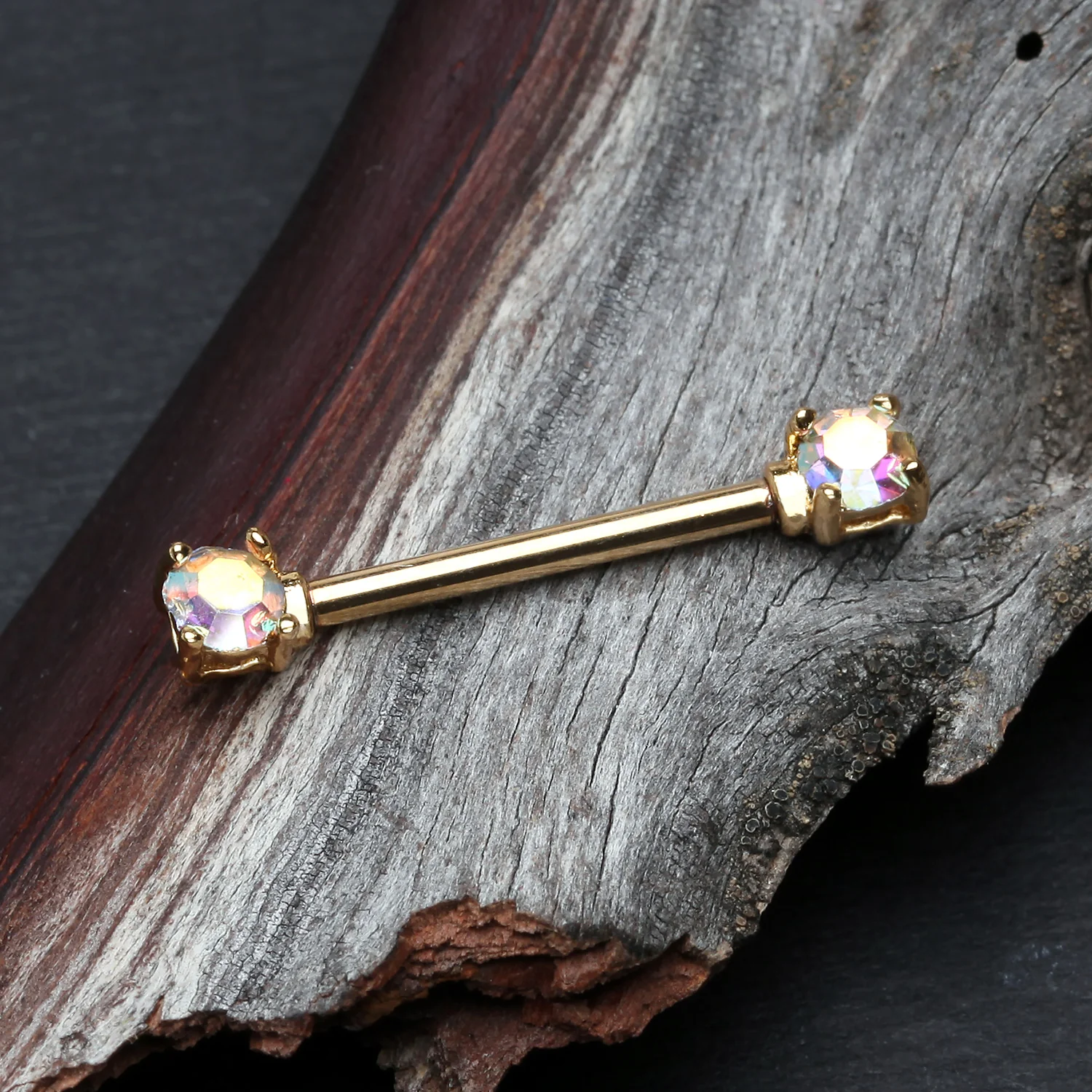 A Pair of Golden Brilliant Sparkle Gem Prong Set Nipple Barbell - Image 2