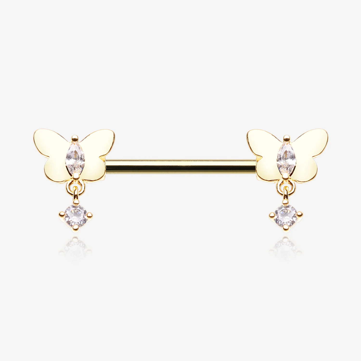 A Pair of Golden Butterfly Sparkle Dangle Sparkle Nipple Barbell