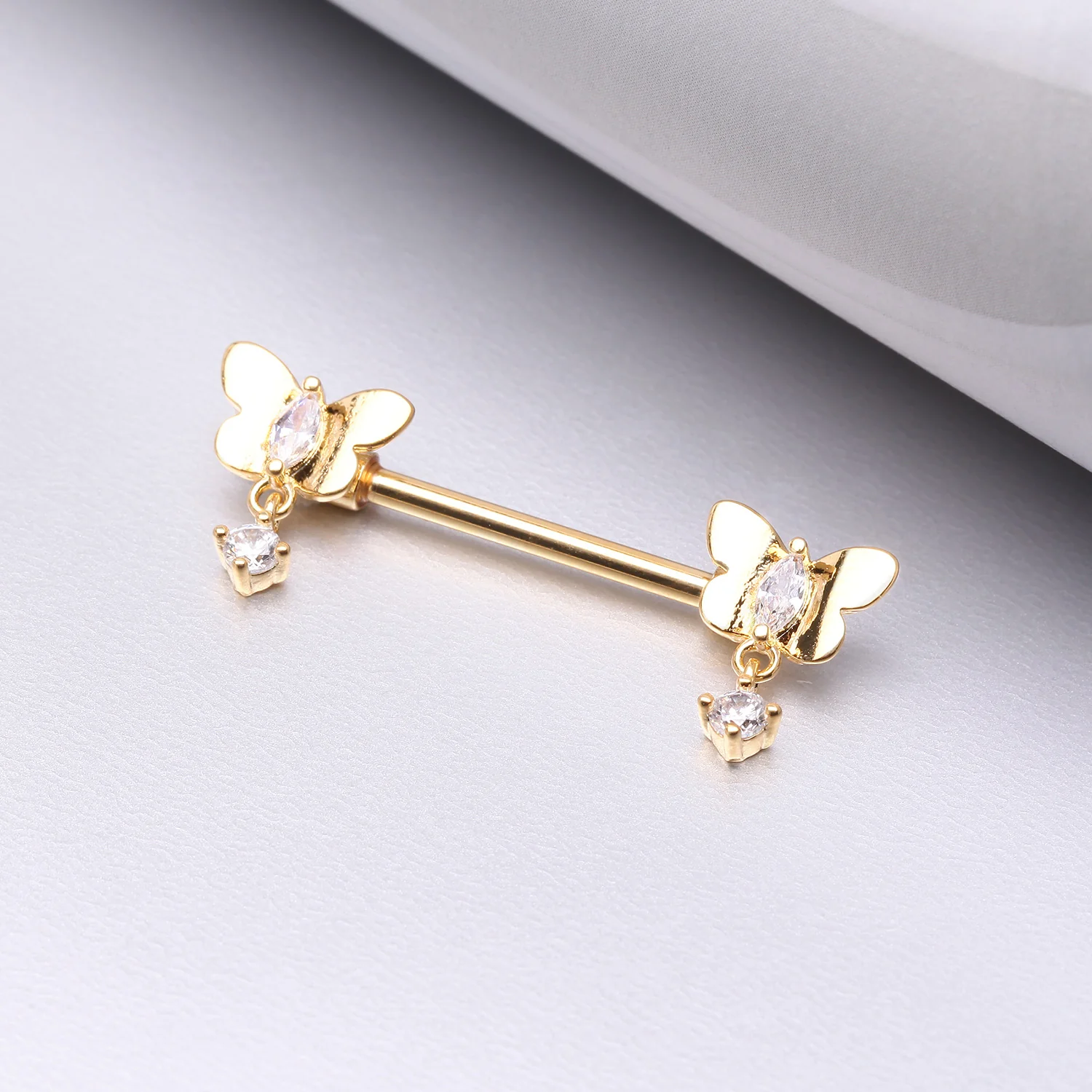 A Pair of Golden Butterfly Sparkle Dangle Sparkle Nipple Barbell - Image 2