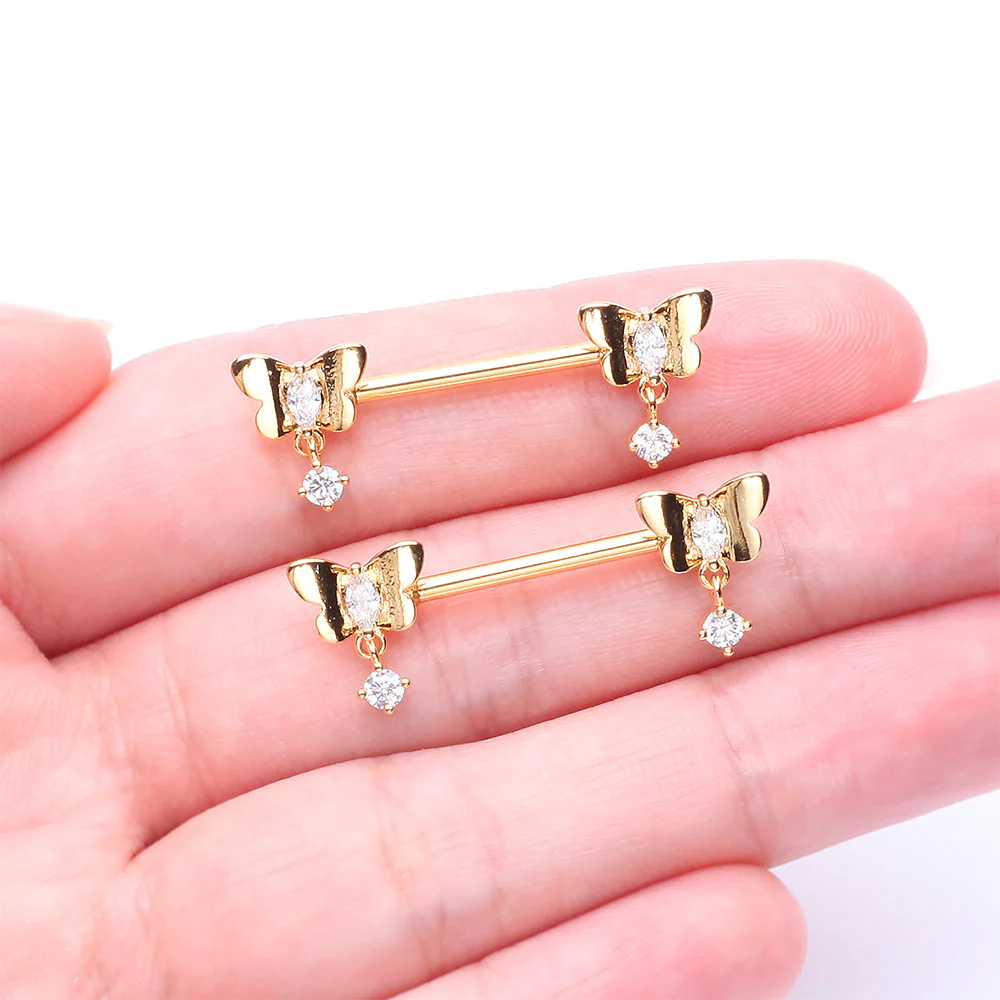 A Pair of Golden Butterfly Sparkle Dangle Sparkle Nipple Barbell - Image 3