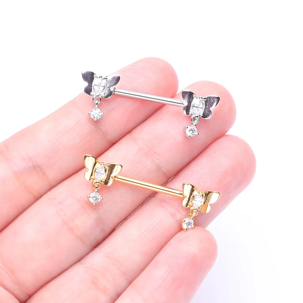 A Pair of Golden Butterfly Sparkle Dangle Sparkle Nipple Barbell - Image 4