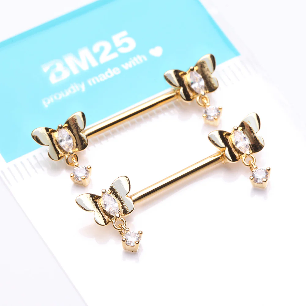 A Pair of Golden Butterfly Sparkle Dangle Sparkle Nipple Barbell - Image 5