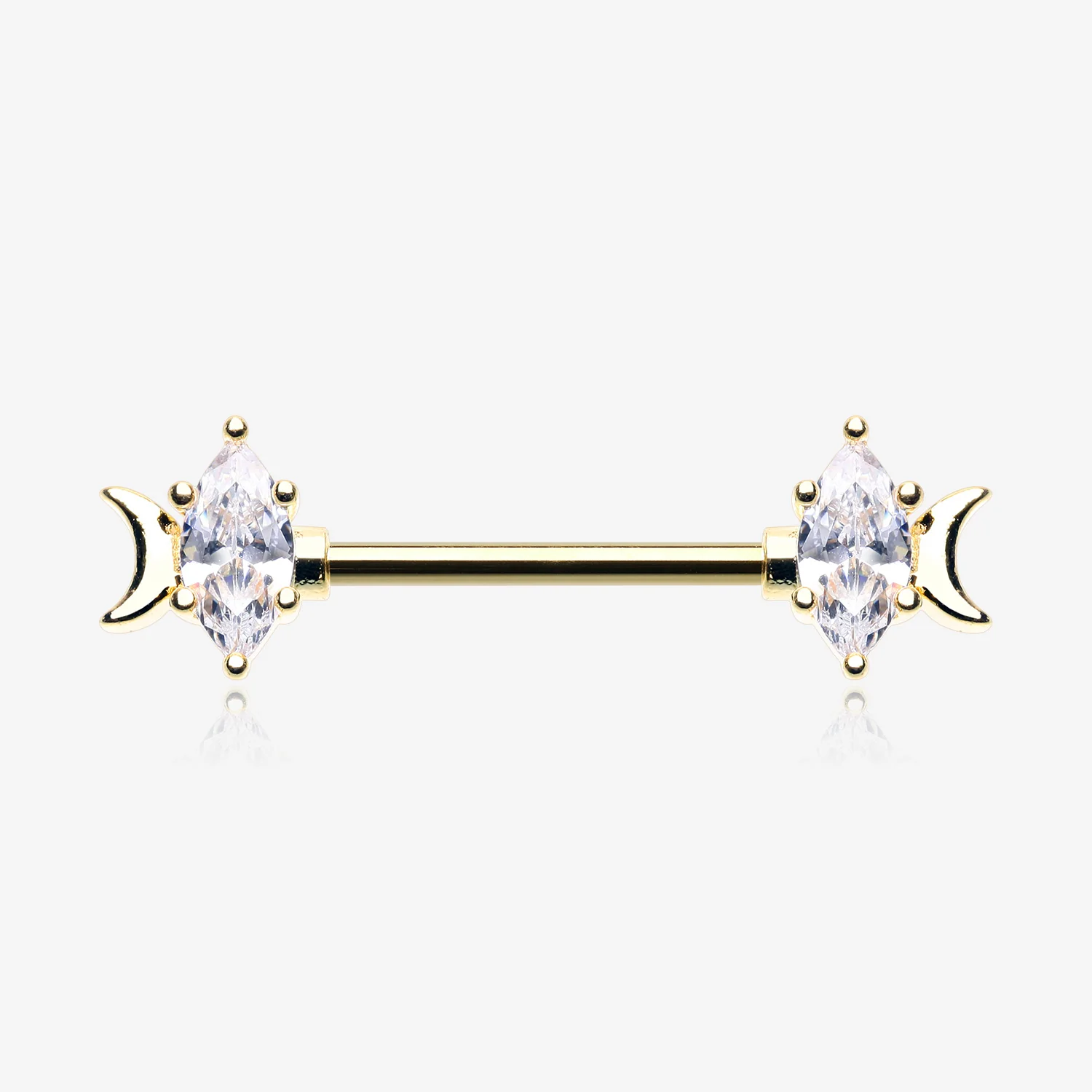 A Pair of Golden Crescent Moon Phase Marquise Sparkle Nipple Barbell
