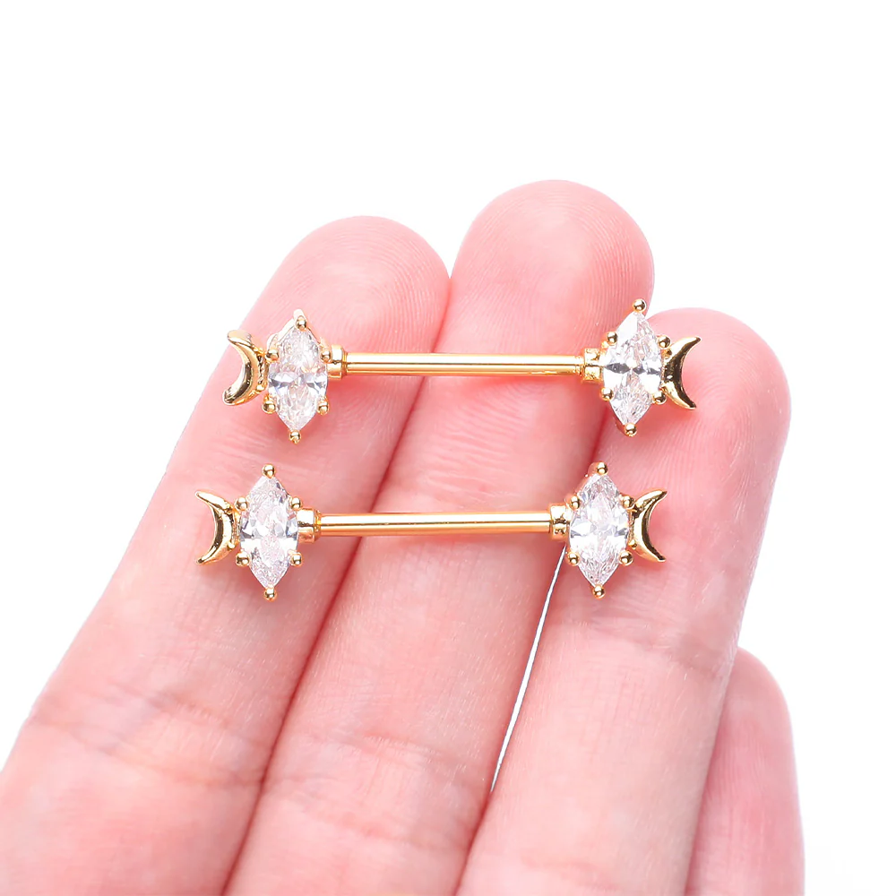 A Pair of Golden Crescent Moon Phase Marquise Sparkle Nipple Barbell - Image 3
