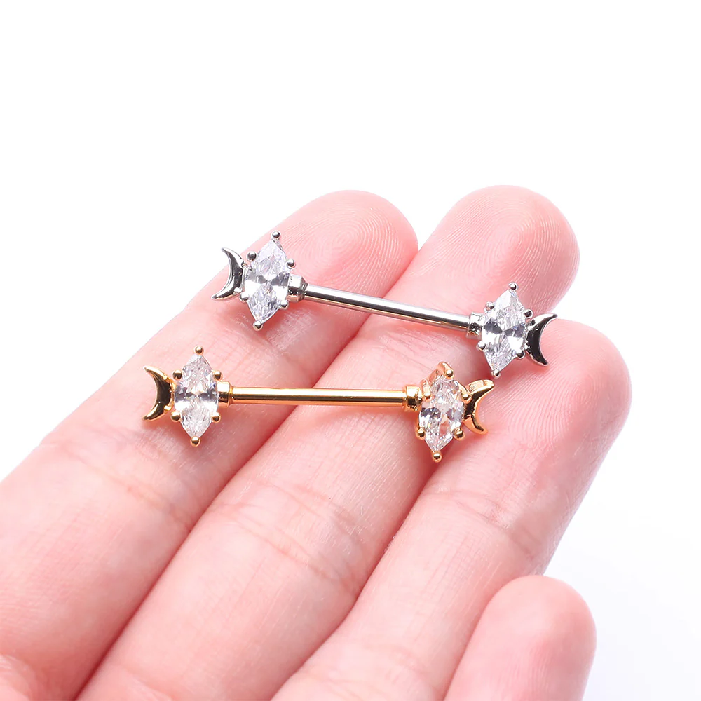 A Pair of Golden Crescent Moon Phase Marquise Sparkle Nipple Barbell - Image 4