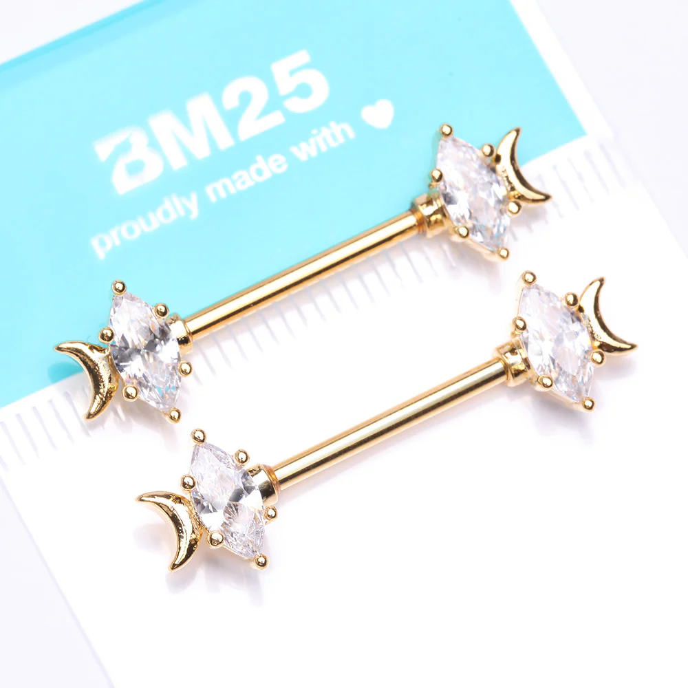 A Pair of Golden Crescent Moon Phase Marquise Sparkle Nipple Barbell - Image 5