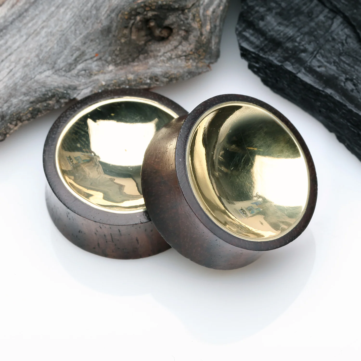 A Pair of Golden Double-Sided Bowl Sono Wood Double Flared Plug - Image 2