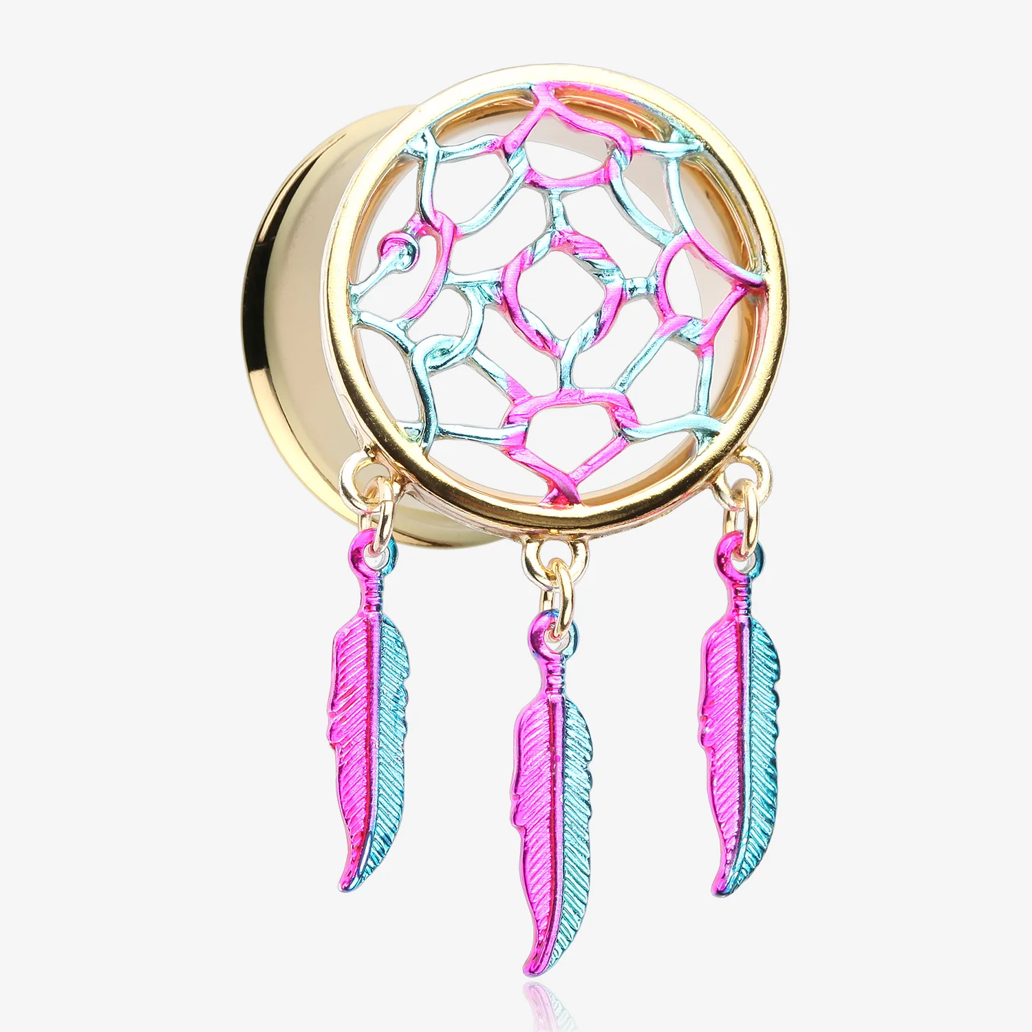 A Pair of Golden Dreamcatcher Feather Dangle Steel Ear Gauge Plug