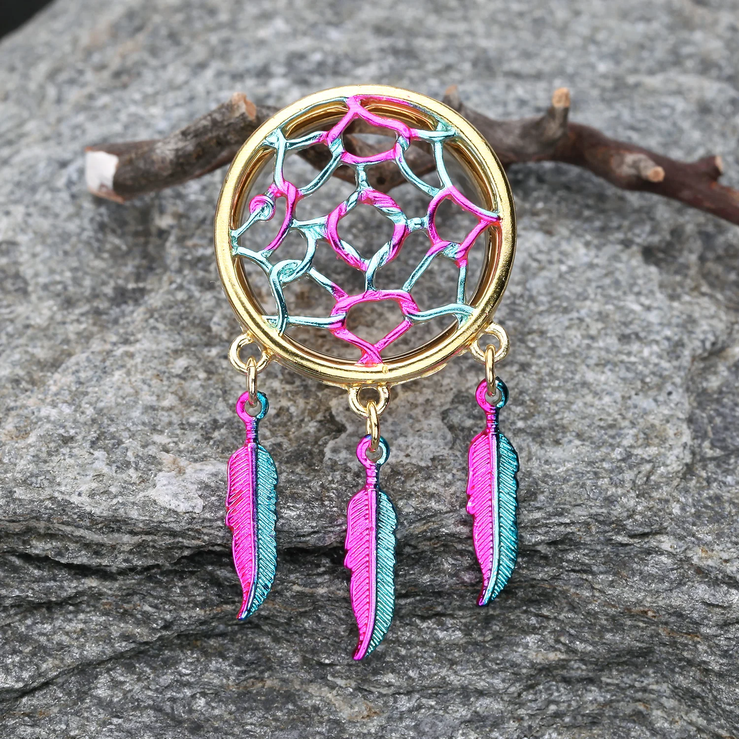A Pair of Golden Dreamcatcher Feather Dangle Steel Ear Gauge Plug - Image 2