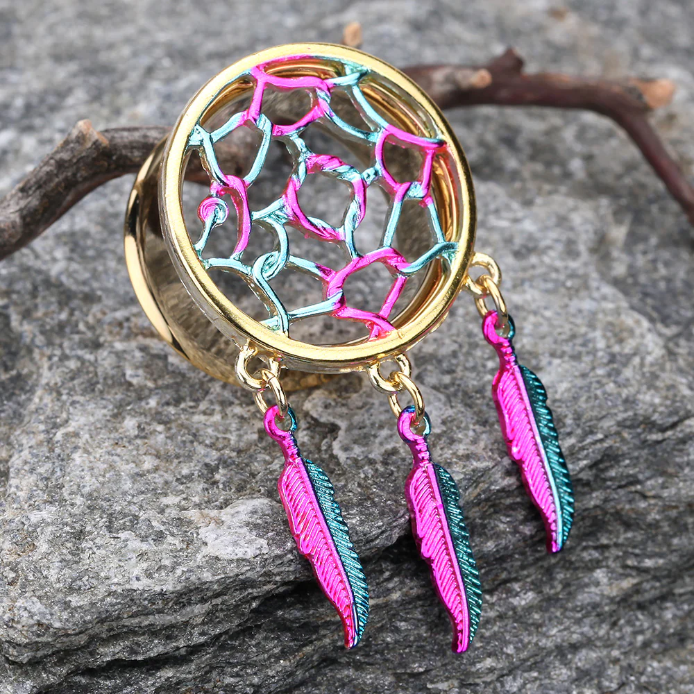 A Pair of Golden Dreamcatcher Feather Dangle Steel Ear Gauge Plug - Image 3