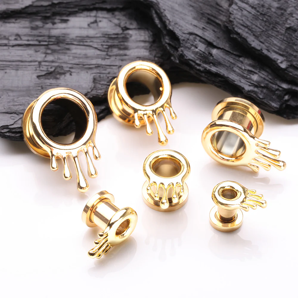 A Pair of Golden Dripping Ooze Steel Screw-Fit Tunnel Plug - Image 3