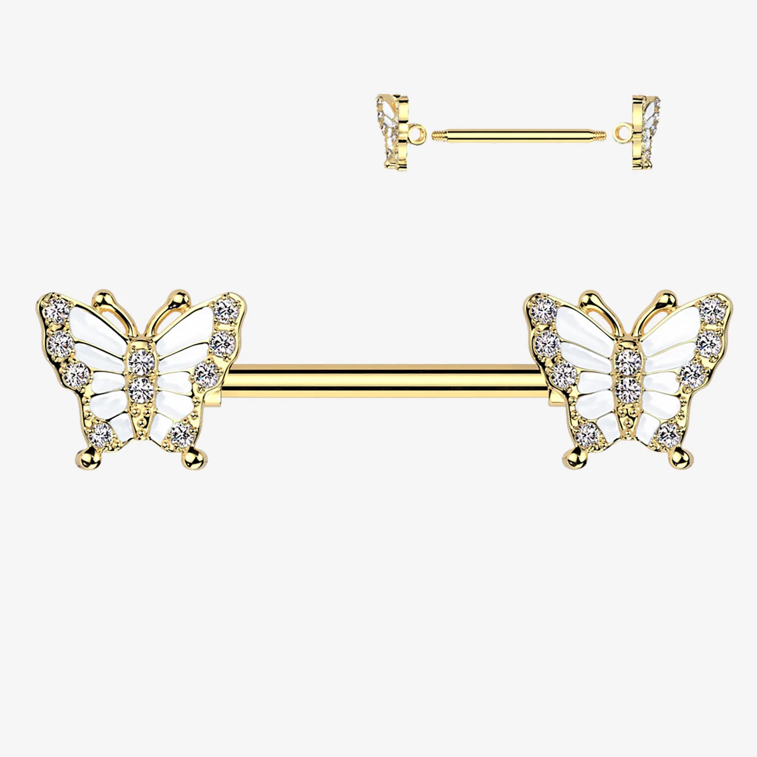 A Pair of Golden Elegant Argent Butterfly Sparkle Nipple Barbell